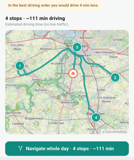 Servizgo-app: de dagroute met vier stops op de kaart en de knop om de hele dag te navigeren